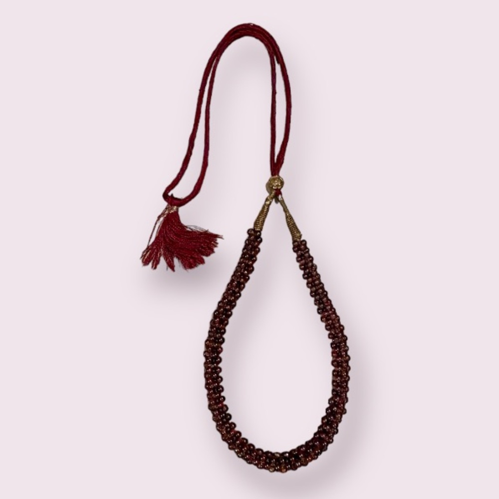 Vintage Victorian Bohemian Garnet Beaded Necklace w/Adjustable Tassel Closure